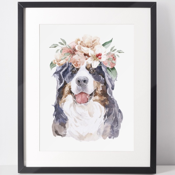 Other - Watercolor Bernese Mountain Dog With Flowers Illustration Print Poster Unframed